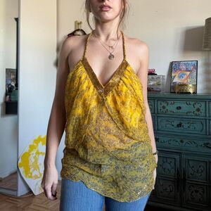 Y2K Yellow Silk Chiffon Floral Halter Top with Beaded Neckline